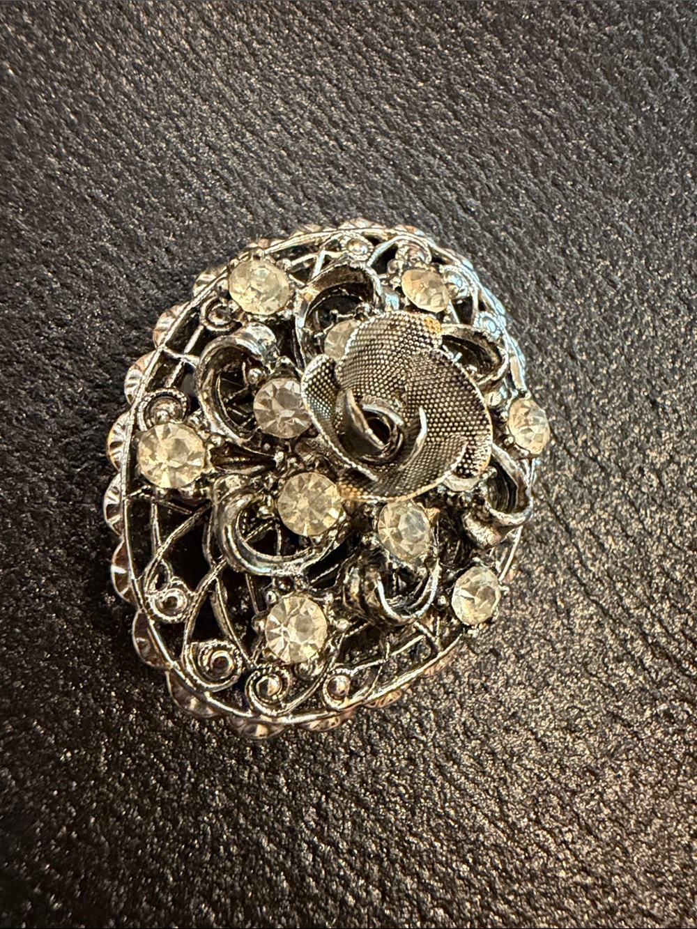 Silver Floral Crystal Statement Brooch - Sparkling Silver Rose Accent